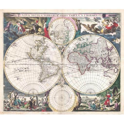 Map shop vintage world map with decorative illustrations, early cartography, old atlas, historic geography, antique globe print, educational wall art, classic map reproduction, historical cartographic artwork.