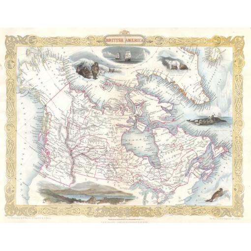 British America vintage map, historical map of northern North America with wildlife illustrations and ship depictions, ideal for antique map collectors, historians, and geography enthusiasts.