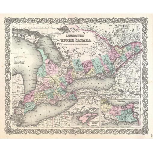 Map of Upper Canada and surrounding regions, vintage style, historical cartography, detailed geographic illustration, antique map, The Map Shop, educational travel, geographic reference, old world map.