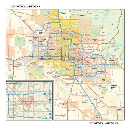 Detailed map of Phoenix, Arizona, showing major streets, neighborhoods, parks, and landmarks, designed for travel planning, navigation, and geographic reference. Perfect for tourists and locals alike.