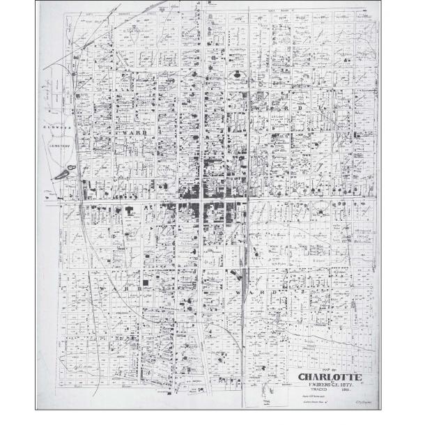 Map of Charlotte, North Carolina, from 1911, showing detailed city blocks, streets, and landmarks with historical accuracy and vintage cartography style.