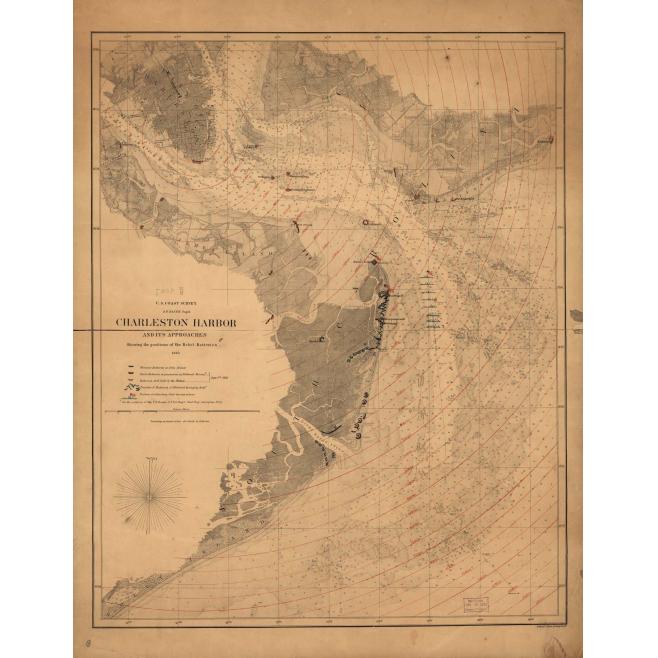 Historical Charleston Harbor nautical map with military and coast survey details, illustrating shoreline, navigational routes, and rebelling battery positions from 1863.