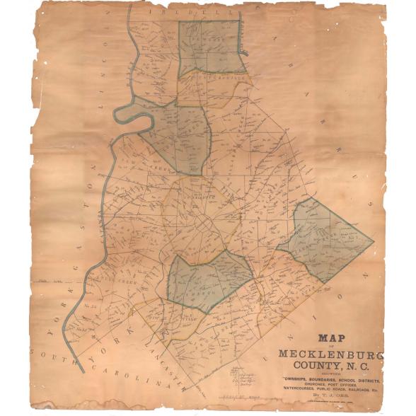 Historical map of Mecklenburg County, North Carolina, showing townships, boundaries, schools, churches, post offices, watercourses, roads, and railroads, created by T. J. Orr.