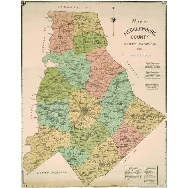 Detailed historical map of Mecklenburg County, North Carolina, from 1911, showcasing townships, roads, and geographic features, ideal for historical map enthusiasts and collectors.