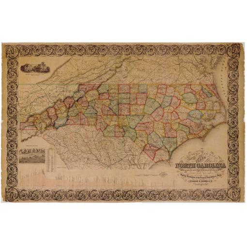 Detailed vintage map of North Carolina with colorful county boundaries, historical cartography, and decorative borders showcasing classic map design by The Map Shop.