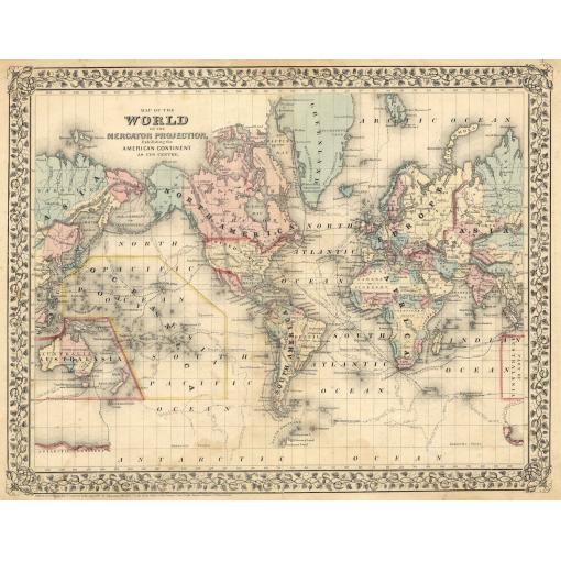 Antique world map centered on the Americas, Asia, and Europe, showcasing vintage cartography and historical map details, available at The Map Shop for classic and collectible map enthusiasts.