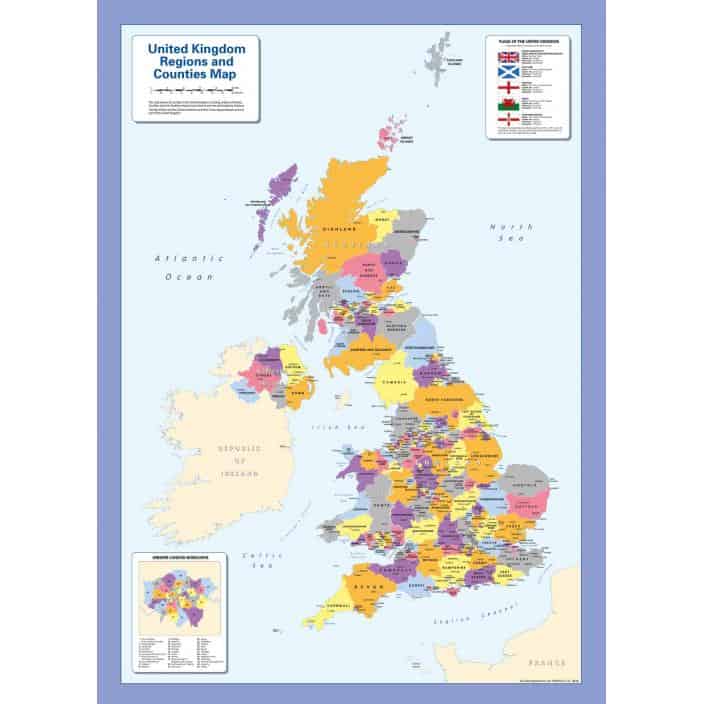 Detailed map of United Kingdom regions and counties showcasing geographic divisions, regional boundaries, and flags for travel, education, and reference purposes.