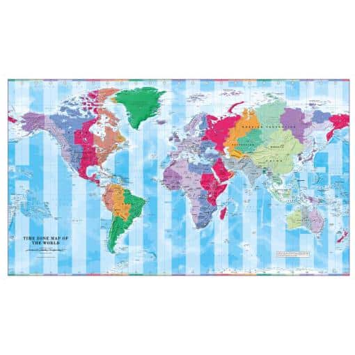 Detailed world map showing time zones, political boundaries, and geographic features, ideal for educational, navigational, and travel planning purposes. Perfect for map enthusiasts and geography learners.
