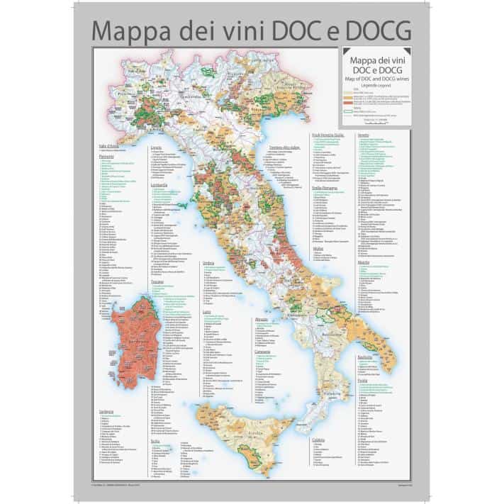 Map of DOC and DOCG wines in Italy showing regions and specific wine classifications for wine enthusiasts and connoisseurs.