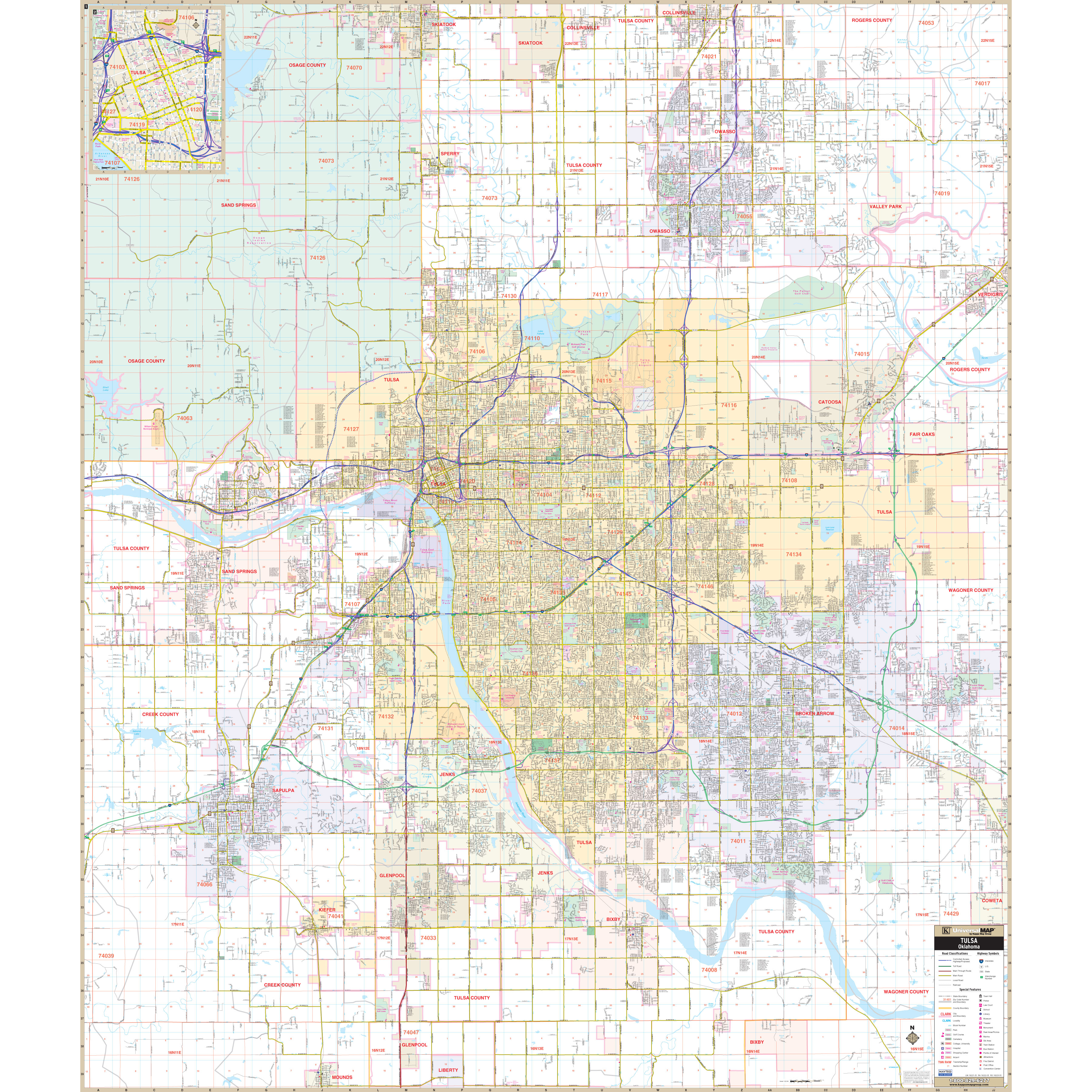 Map Of Tulsa Oklahoma And Surrounding Area Tulsa, Ok Wall Map - The Map Shop