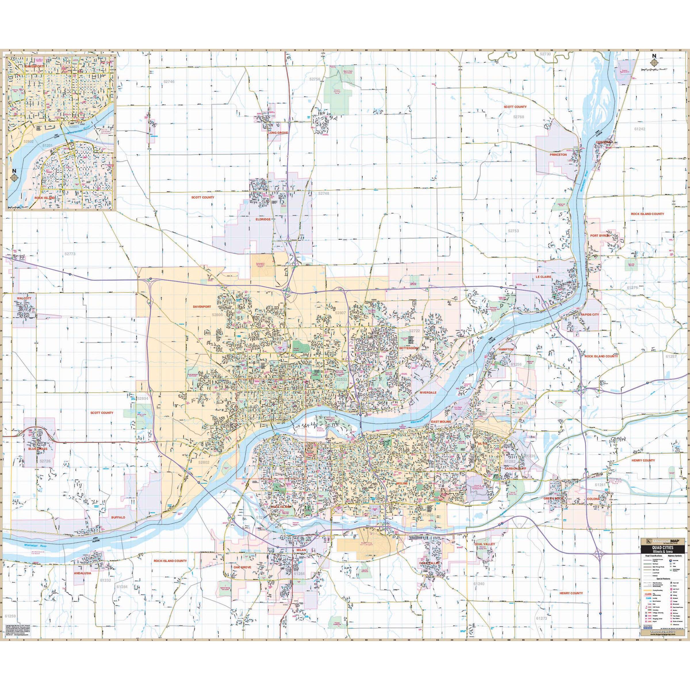 Quad Cities, IA Wall Map by Kappa - The Map Shop