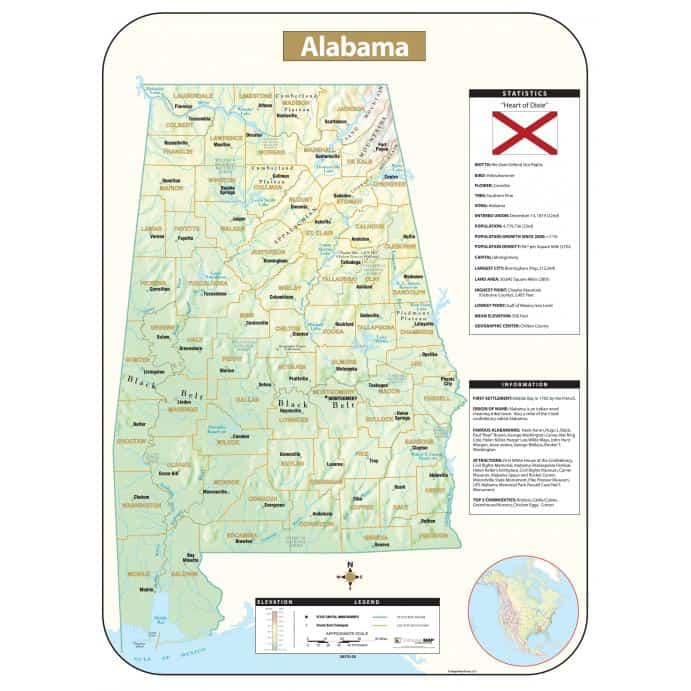 Detailed map of Alabama showing counties, cities, lakes, and geographical features, ideal for travel planning, education, and navigation. Includes key landmarks, state borders, and topographical information.