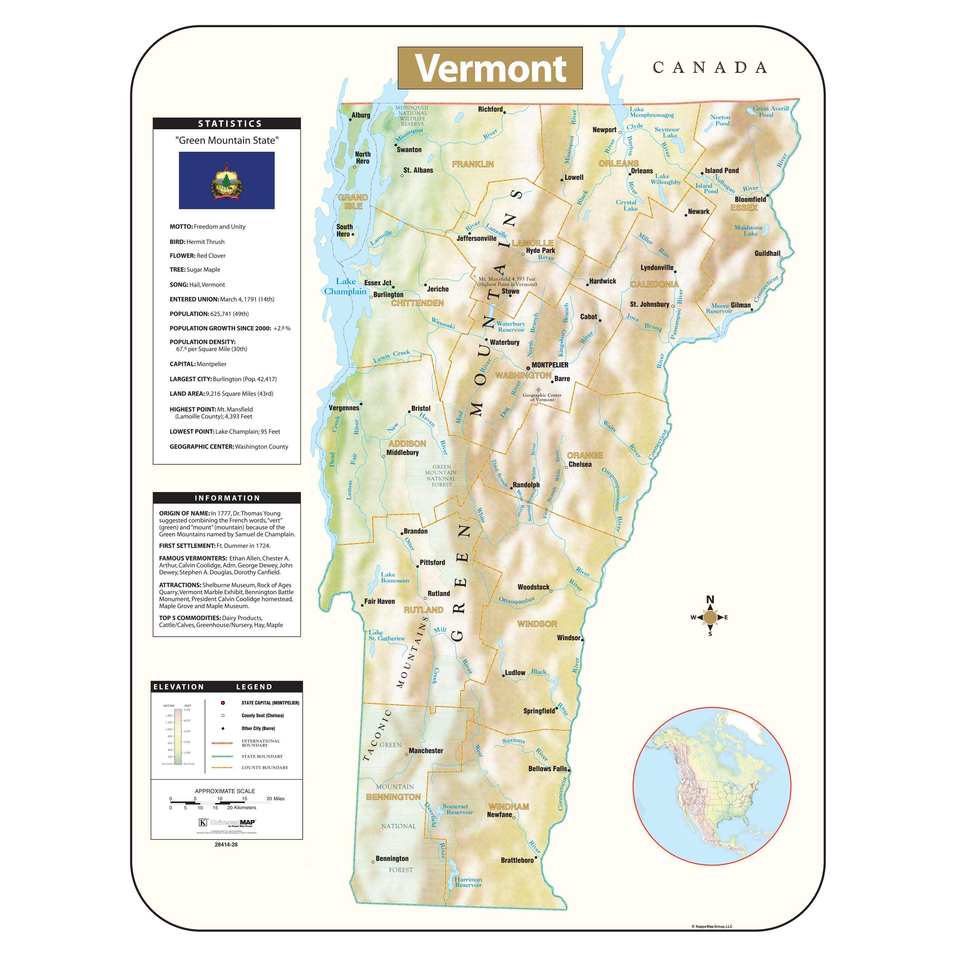 Vermont Shaded Relief State Wall Map by Kappa The Map Shop