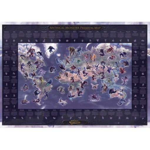 Colorful mythical monster world map poster, featuring detailed illustrations and descriptions of legendary creatures, ideal for fans of fantasy, gaming, and mythical lore.