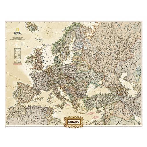 Detailed vintage map of Europe featuring country borders, cities, and geographical features, ideal for travel planning, educational purposes, and map enthusiasts.