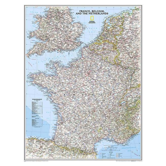 Detailed map of France, Belgium, and the Netherlands showing geographic features and country borders for travel planning and geographic reference.