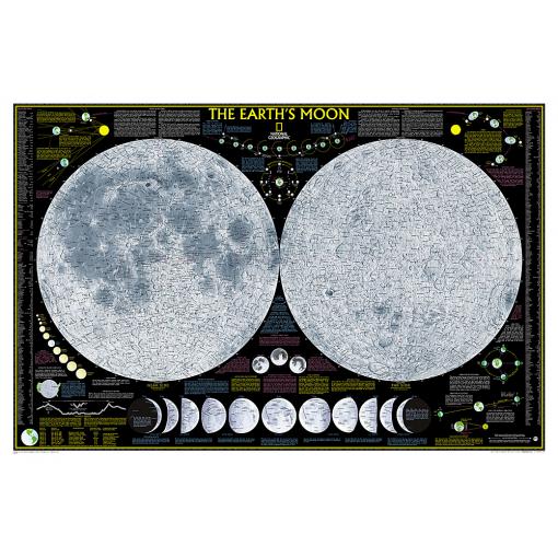 Detailed map of the Earth’s Moon showing lunar surface features, craters, and geological information, ideal for astronomy enthusiasts, student learning, and space exploration research.