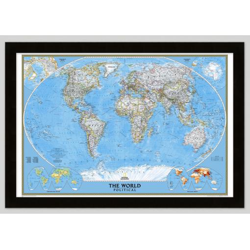 Detailed world map poster by The Map Shop, featuring political boundaries, geographical features, and global regions for travel, education, and reference purposes.