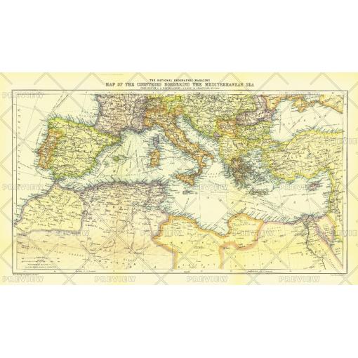 Antique map of Mediterranean countries on vintage style, detailed geographic illustration, perfect for historical map collection, travel planning, or educational purposes.