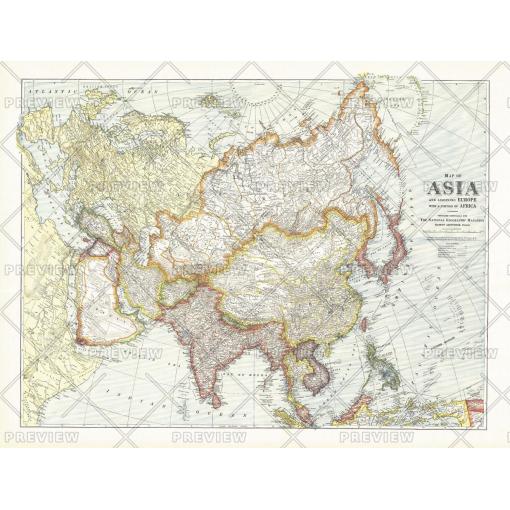 Detailed vintage map of Asia, Europe, and Africa, featuring historical cartography with intricate borders and geographic details, ideal for collectors and map enthusiasts.