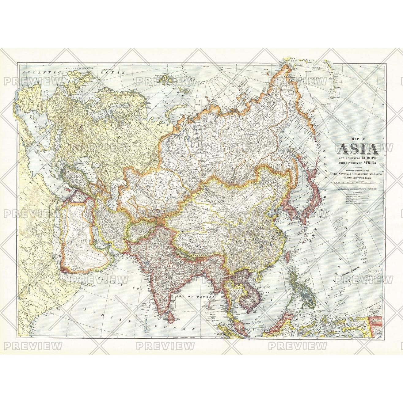Map of Asia with Europe and a portion of Africa - Published 1921 by ...