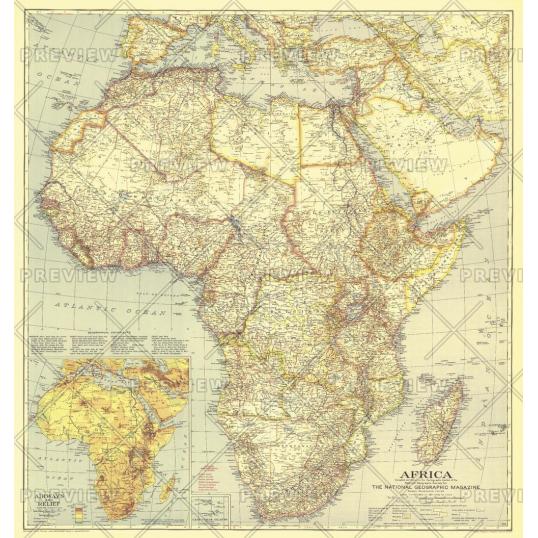 Detailed vintage map of Africa with topographical features and geographic boundaries. Ideal for travel planning, education, and geographic reference. Features inset map of airways relief and physical terrain.