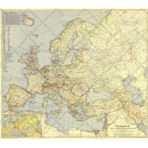 Europe vintage map with detailed country borders and geographic features suitable for travel planning, educational projects, or map enthusiasts. Perfect for DIY map decor or geographic reference.
