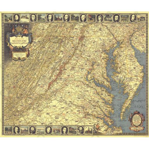 Detailed vintage map of the United States showing the reach of the nation's capital, with historical illustrations and geographic details for travel and educational reference.