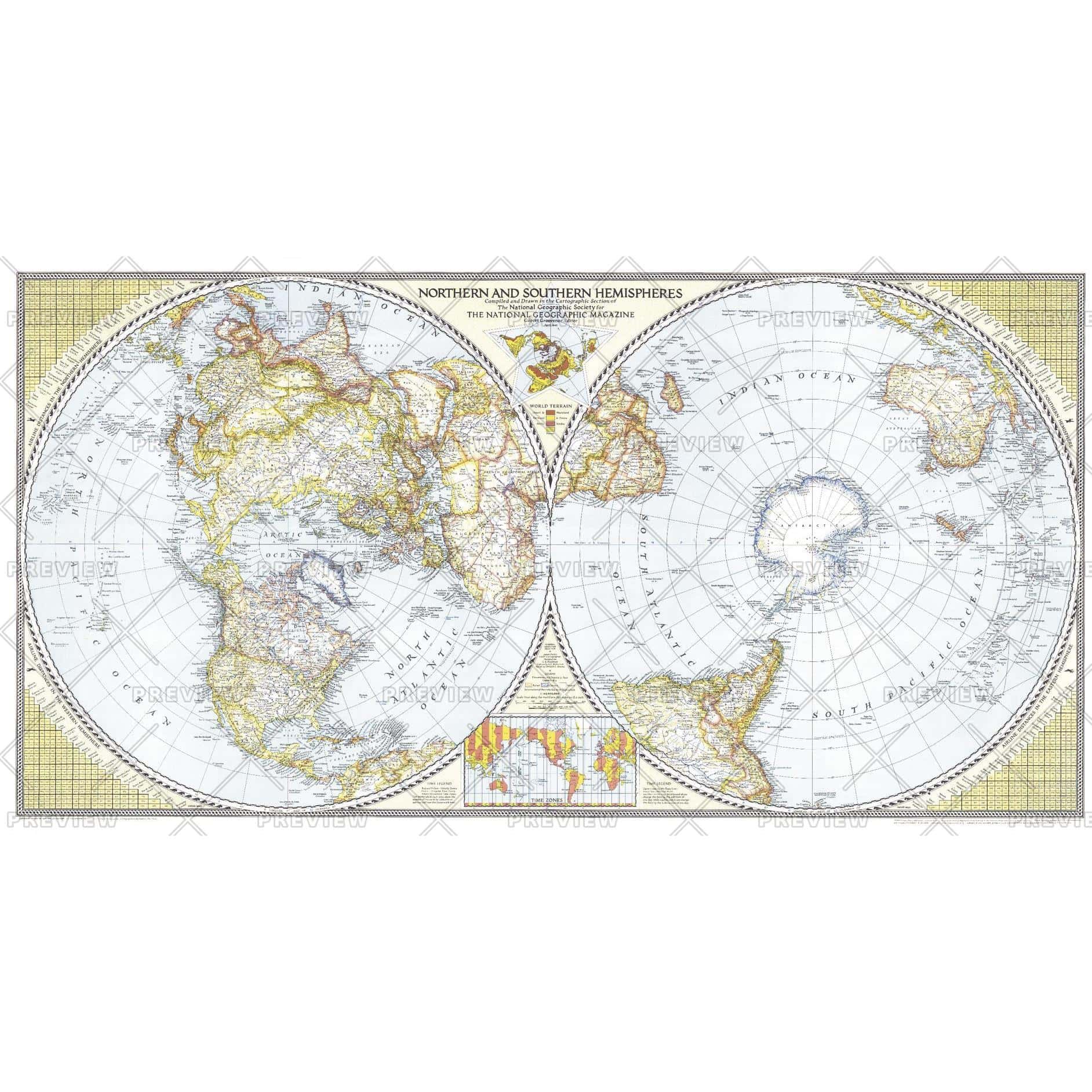 Northern and Southern Hemispheres - Published 1943 - The Map Shop