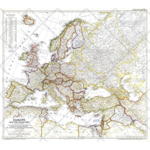 Detailed vintage map of Europe and the Near East, showcasing country borders, geographic features, and historical cartography of the continent. Ideal for travel planning, educational use, and geographic reference.