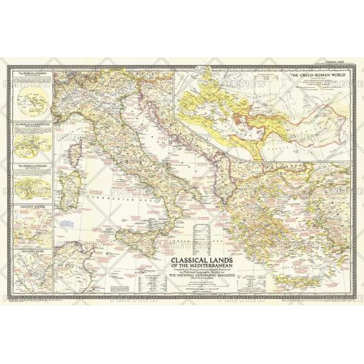 Intricate vintage map of classical lands of the Mediterranean region, showing historical geography, ancient cities, and civilizations with detailed borders and annotations for history enthusiasts and map collectors.