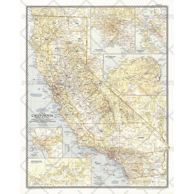 Detailed vintage-style map of California highlighting cities, highways, and regional features for travel planning and geographic reference. Perfect for map enthusiasts and travelers.