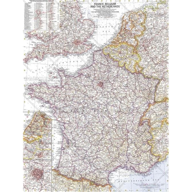 Detailed vintage map of France, Belgium, and the Netherlands with geographical features, borders, and major cities, ideal for travel planning and geographic research.