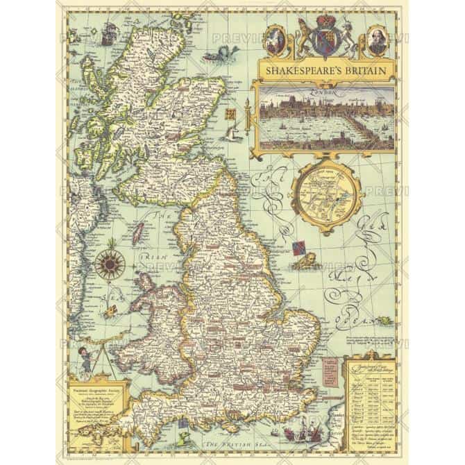 Map of historical Britain with artistic illustrations and detailed geography, ideal for educational and travel planning purposes.