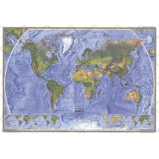 Political and physical world map with detailed countries, continents, and geographic features for travel, education, or navigation purposes. High-quality wall map from The Map Shop.