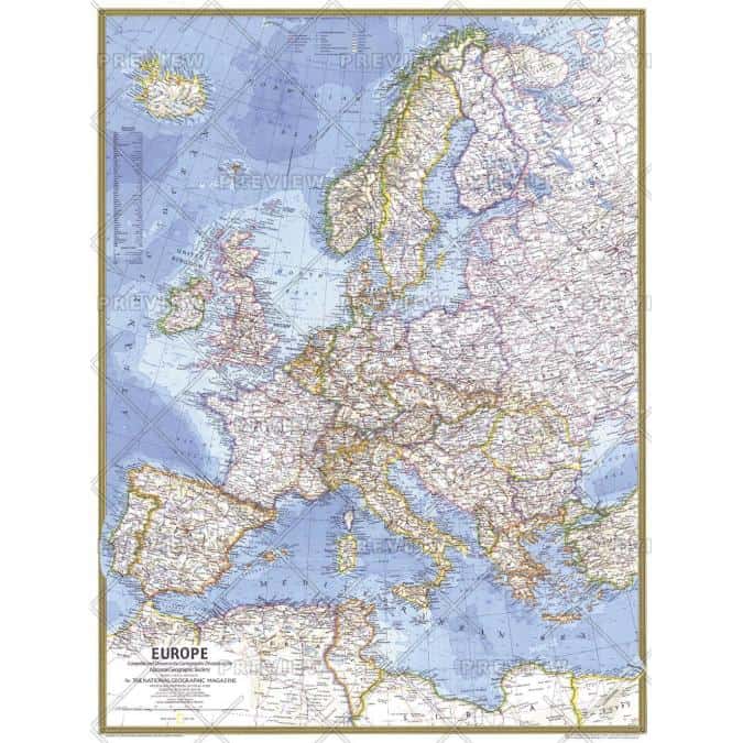 Detailed vintage map of Europe showing countries, borders, and geographic features, ideal for travel planning, educational purposes, and map enthusiasts.