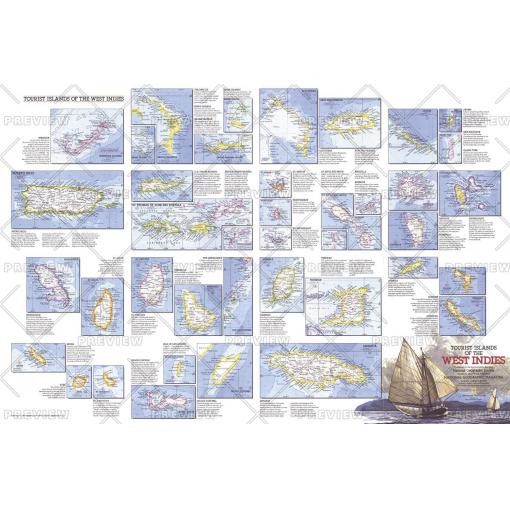 Detailed map collage of the West Indies islands from The Map Shop, showcasing geographic features, island names, and maritime routes to assist travelers, explorers, and geography enthusiasts.