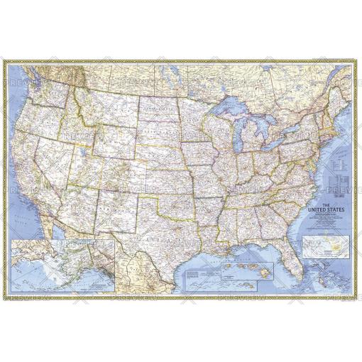 Detailed vintage map of the United States with state boundaries, major roads, and geographical features, ideal for travel planning, educational purposes, and map enthusiasts seeking high-quality U.S. maps.