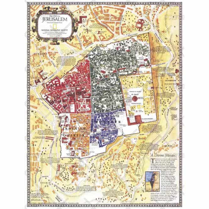 Jerusalem historical map by National Geographic Society, detailed illustration of ancient city layers, landmarks, and terrain features, perfect for educational and travel planning purposes.