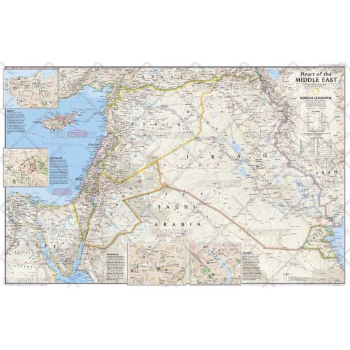 Detailed map of the Middle East region featuring countries, cities, and geographical features, ideal for travel planning, navigation, and educational purposes. High-quality map from The Map Shop.