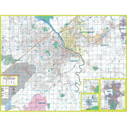 Detailed map of Augusta Georgia with surrounding cities, highways, rivers, parks, and geographical features for travel and navigation assistance.