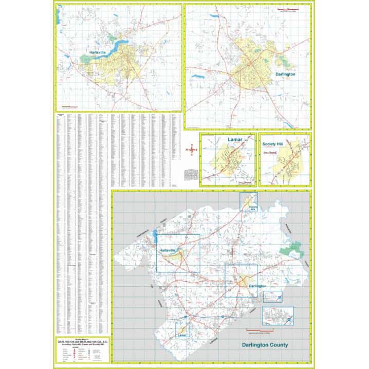 Detailed map of Darlington County, featuring regions such as Hartsville, Darlington, Lamar, and Society Hill, showcasing roads, landmarks, and geographic features. Perfect for navigation and geographic reference.