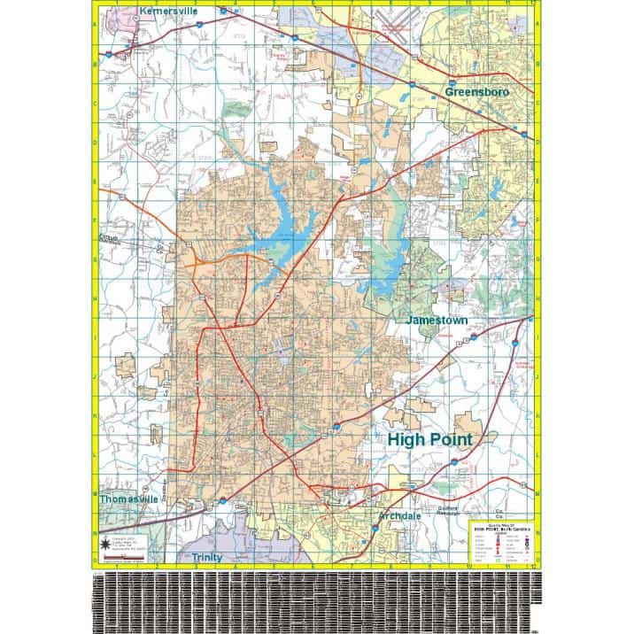 Map of High Point, North Carolina with detailed roads, lakes, and neighborhoods for navigation and travel planning.