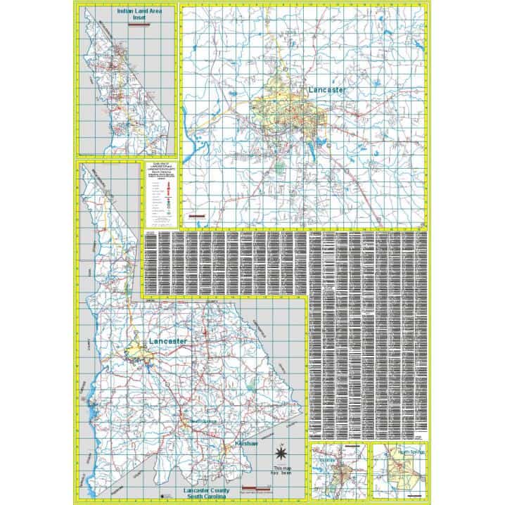 Detailed map of Lancaster County, South Carolina with roadways, geographic features, and city layouts for outdoor navigation and travel planning.