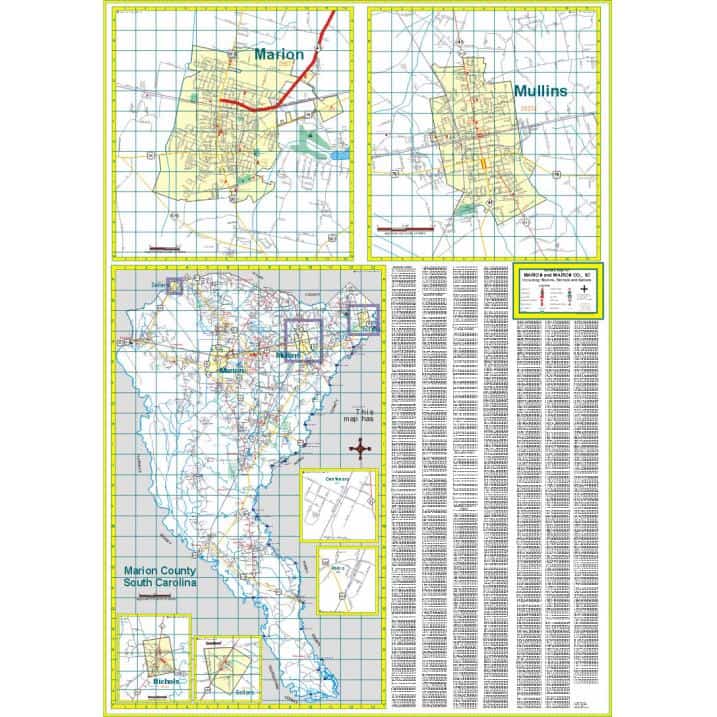 Detailed map of Marion County South Carolina, including city streets, highways, landmarks, and inset maps for smaller towns like Nichols and Sellers, ideal for navigation and geographic reference.