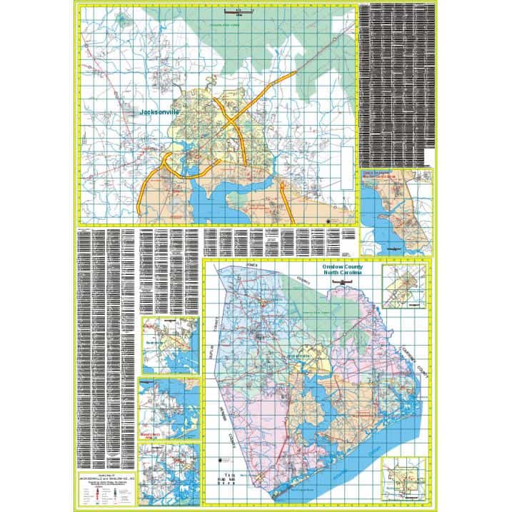 Detailed city and county maps of Jacksonville and Onslow County, North Carolina with street layouts, highways, water features, and detailed geographic information for navigation and planning.