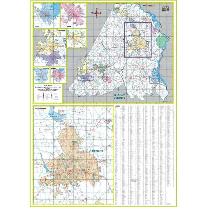 North Carolina county map with detailed city and town boundaries, roads, and geographic features for Albemarle, New London, Badin, and Stanly County.