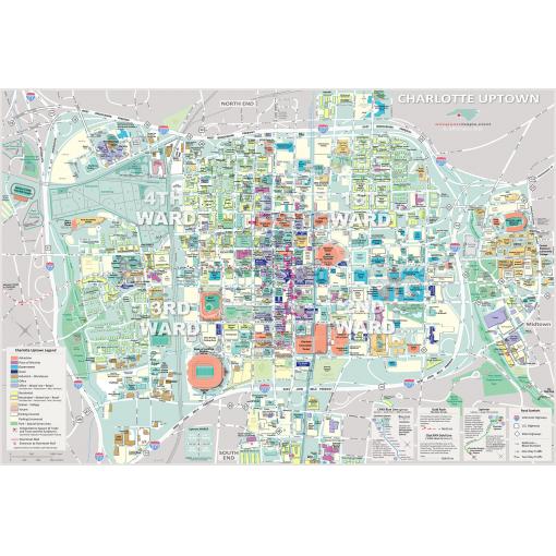 Detailed Charlotte Uptown map highlighting neighborhoods, landmarks, streets, and points of interest for visitors and residents seeking local mapping and navigation solutions.