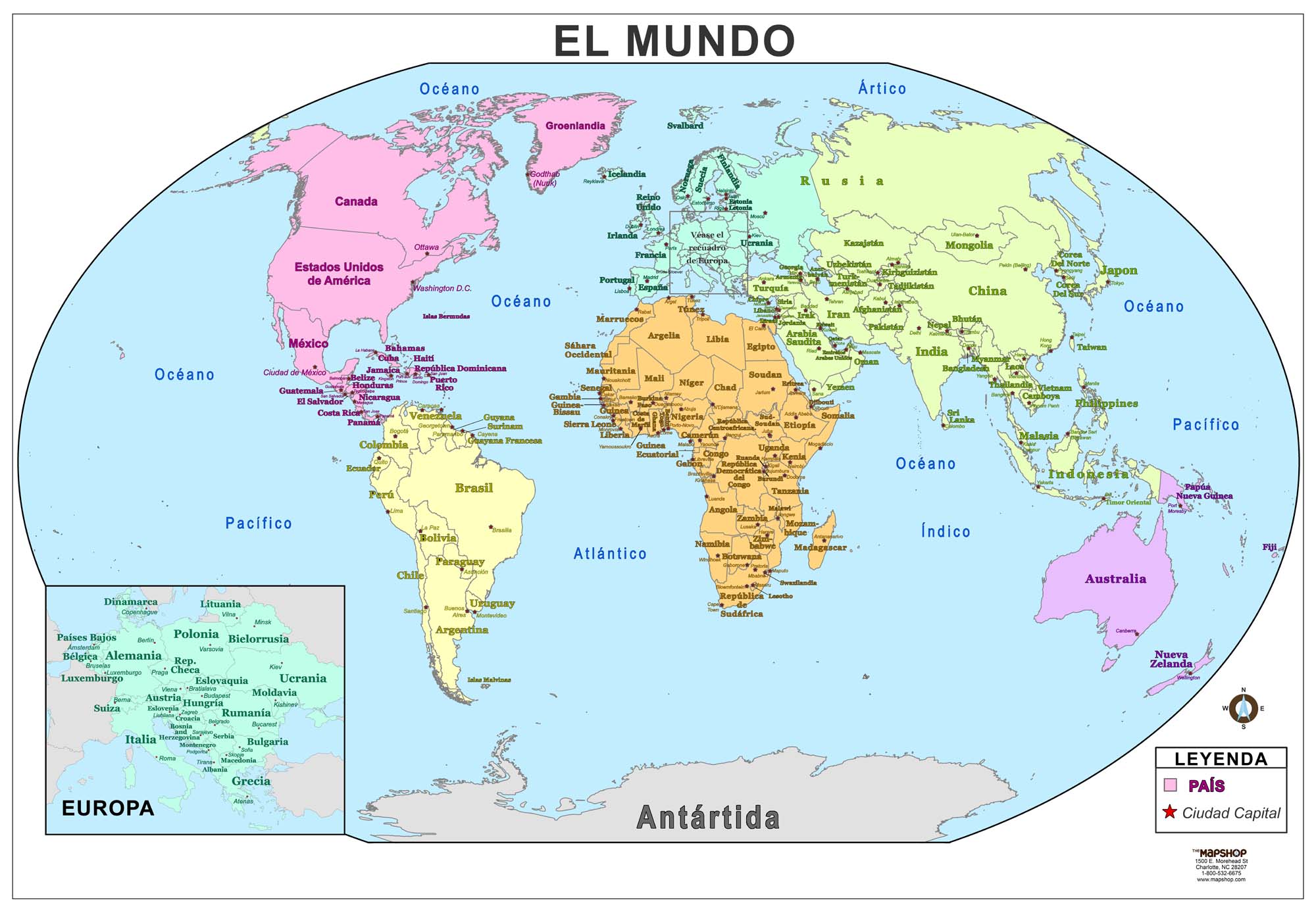 The Map In Spanish World Wall Map In Spanish - Elementary School Version - The Map Shop