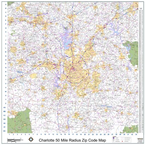 Charlotte 50-Mile Radius Zip Code Wall Map by MapShop